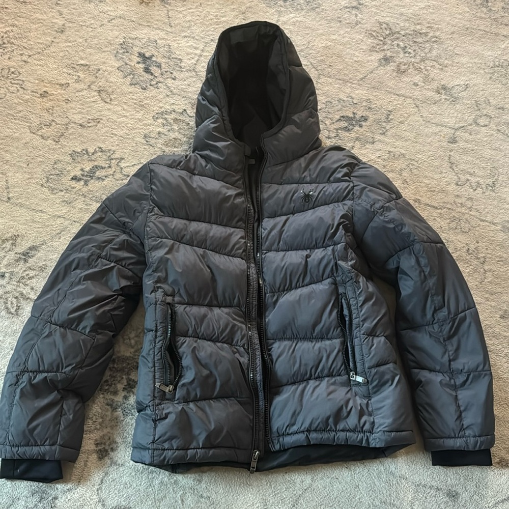 Spyder Puffer Coat Boys Large (14/16) charcoal Full Zip Hooded Long Sleeve